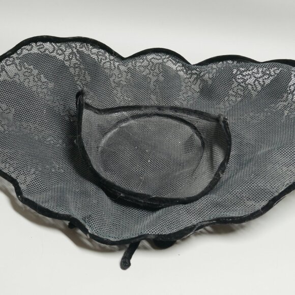 VTG Black Velvet and Lace Hat Rhinestones Wide Brim Saucer Cocktail - Picture 7 of 9